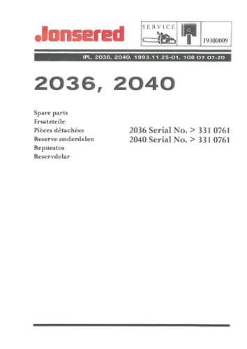 Jonsered Chainsaw 2036 & 2040 Parts Manual