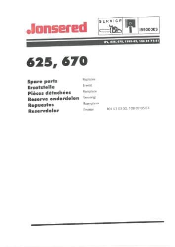 Jonsered Chainsaw 625 & 670 Parts Manual