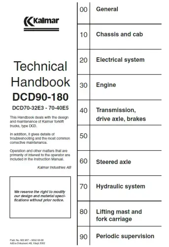 Kalmar Forklift DCD90-6/DCD100-6/DCD100-12/DCD120-6/DCD120-12/DCD136-6 Workshop Manual