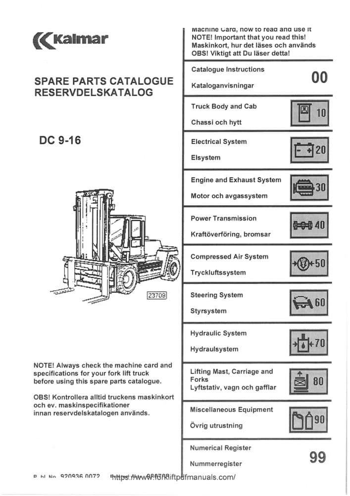 Kalmar Forklift Truck DC 916 Spare Parts Manual