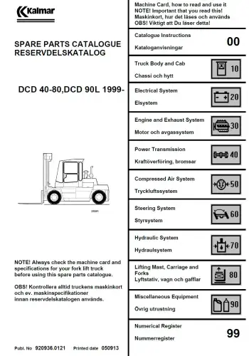 Kalmar Forklift Truck DCD 40-80 DCD 90L 1999 Parts Manual