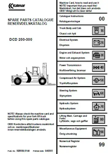 Kalmar Forklift Truck DCD200-12/DCD220-12/DCD250-12/DCD280-12/DCD300-12 Parts Manual