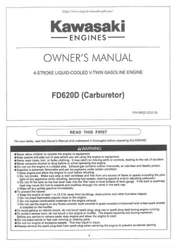 Kawasaki Liquid Cooled V Twin Gas Engine FD620D Operators Manual