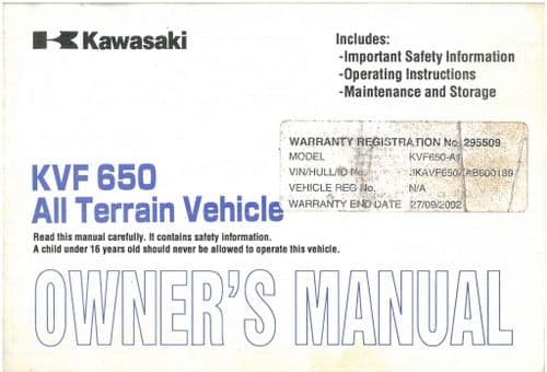 Kawasaki Quad ATV  All Terrain Vehicle KVF650 Operators Manual