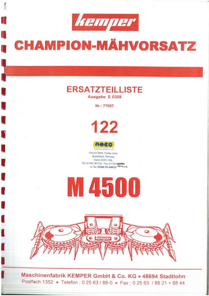 Kemper Champion M 4500 Parts Manual GERMAN ONLY ORIGINAL
