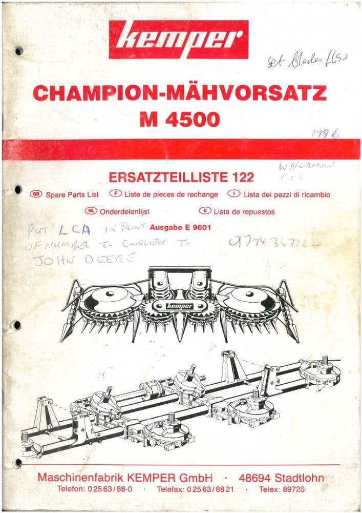 Kemper Champion Rotary Crop Header M4500 Parts Manual