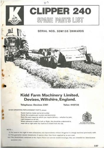 Kidd Clipper Mower Model 240 Parts Manual