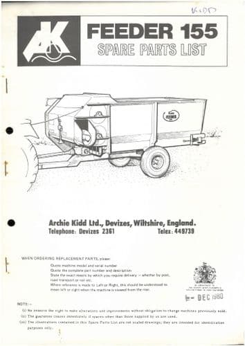 Kidd Feeder 155 Parts Manual