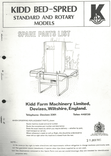 Kidd Spreader Bed Spred Standard and Rotary Parts Manual