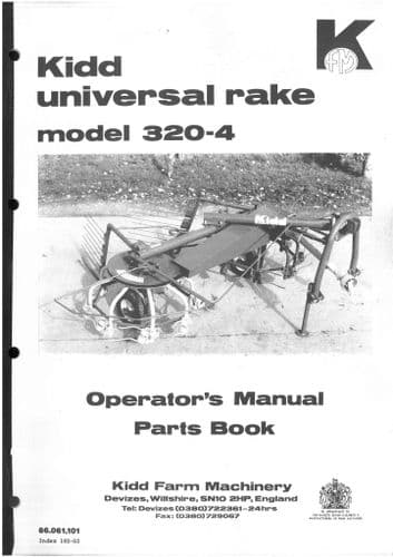 Kidd Tedder Universal Rake Model 320-4 Operators Manual & Parts List