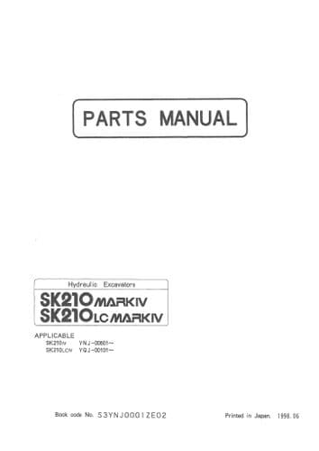 Kobelco Hydraulic Excavator SK210 SK210LC Mk IV Parts Manual