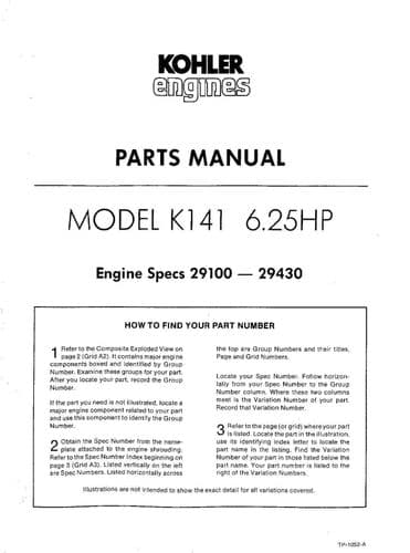 Kohler Engine K141 - 6.25HP Parts Manual