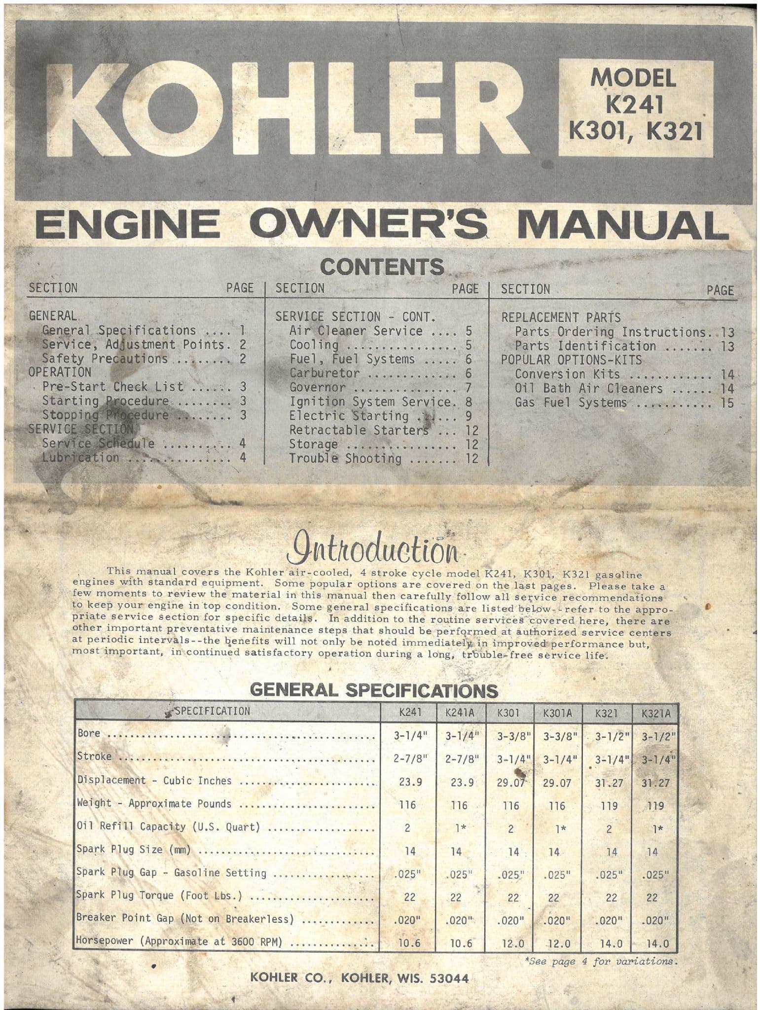 Kohler Engine K241 K241A K301 K301 K321 & K321A Operators Manual
