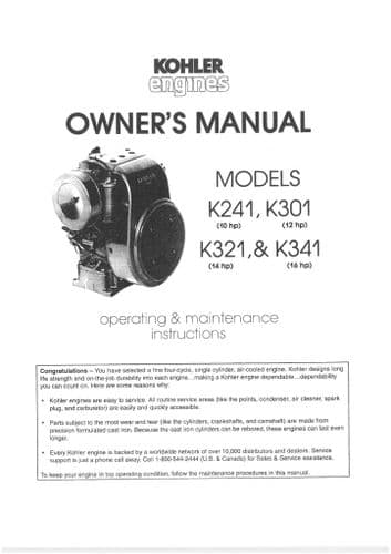 Kohler Engine K241, K301, K321 & K341 Operators Manual