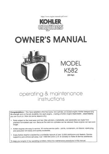 Kohler Engine K582 Operators Manual