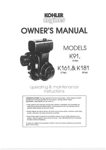 Kohler Engine K91 K161 K181 Operators Manual