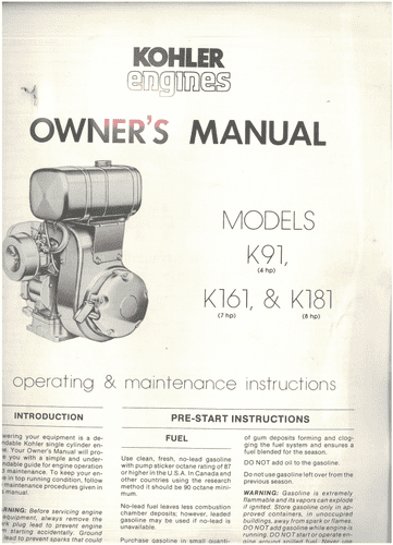 Kohler Engine K91 K161 K181 Operators Manual -
