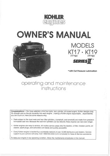 Kohler Engine KT17 KT19 Series II Operators Manual