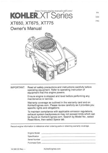 Kohler Engine XT650 XT675 XT775 Operators Manaul