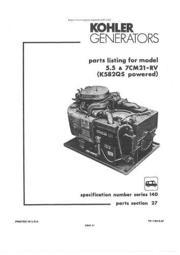 Kohler Generator 5.5 & 7CM21-RV Parts Manual