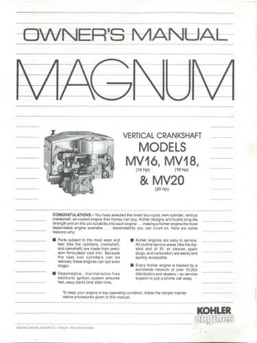 Kohler Magnum Engine Vertical Crankshaft MV16 MV18 & MV20 Operators Manual