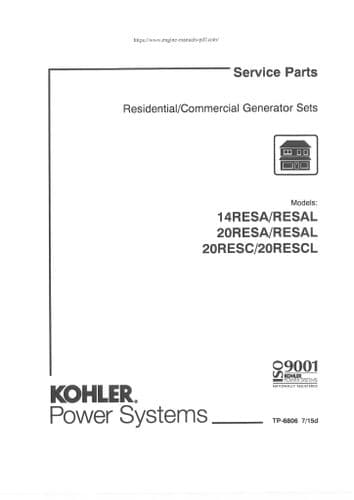 Kohler Residentail & Commercial Generator Sets 14RESA-RESAL 20RESA-RESAL20RESC-RESCL Parts Manual