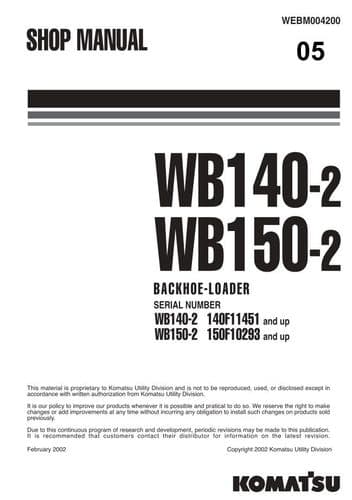 Komatsu Backhoe Loader WB140-2 WB150-2 Workshop Service Manual