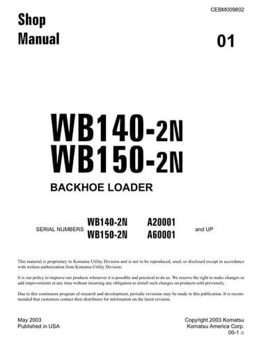 Komatsu Backhoe Loader WB140-2N WB150-2N Workshop Service Manual