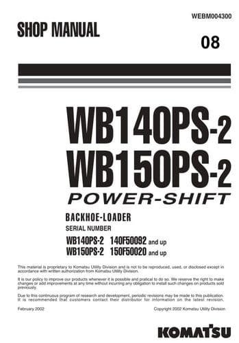 Komatsu Backhoe Loader WB140PS-2 WB150PS-2 Power Shift Workshop Service Manual