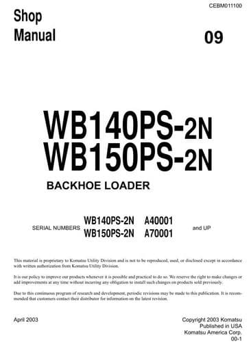 Komatsu Backhoe Loader WB140PS-2N WB150PS-2N Workshop Service Manual