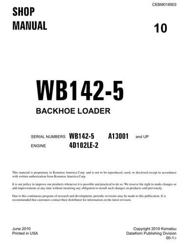 Komatsu Backhoe Loader WB142-5 Workshop Service Manual