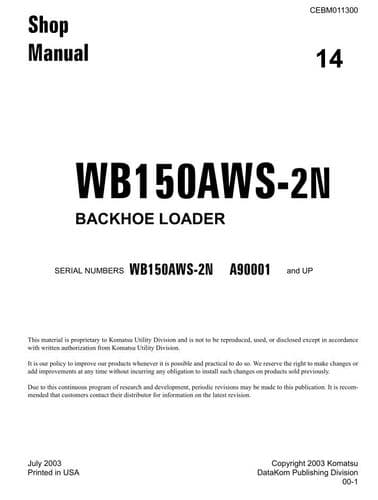 Komatsu Backhoe Loader WB150AWS-2N Workshop Service Manual