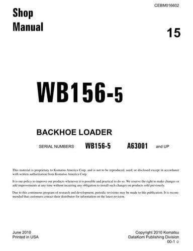 Komatsu Backhoe Loader WB156-5 Workshop Service Manual