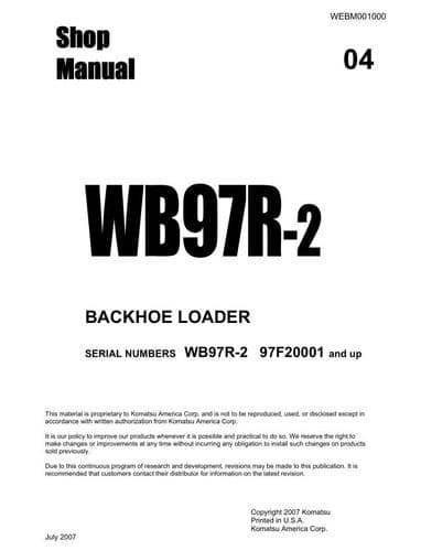 Komatsu Backhoe Loader WB97R-2 Workshop Service Manual