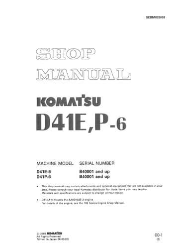 Komatsu Bulldozer D41E-6 & D41P-6 Workshop Manual