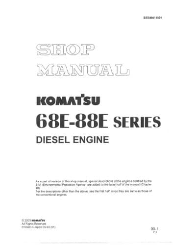 Komatsu Diesel Engine 2D68E 3D68E 3D74E 3D78AE 3D82AE 3D82E 4D82E 3D84E Workshop Service Manual