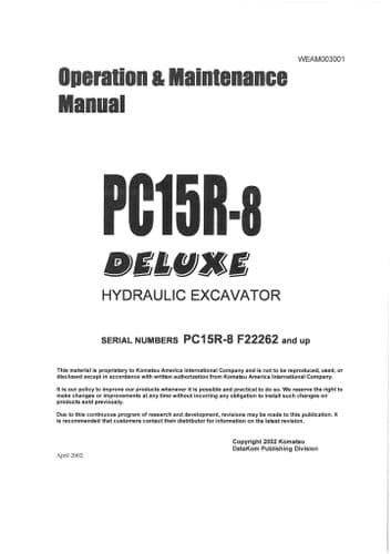 Komatsu Excavator PC15R-8 Deluxe Operators Manual