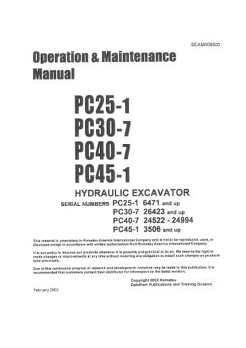 Komatsu Excavator PC25-1 PC30-7 PC40-7 PC45-1 Operators Manual
