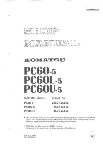 Komatsu Excavator PC60-5 PC60L-5 PC60U-5  Workshop Service Manual