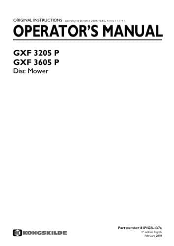 Kongskilde Disc Mower GXF3205P & GXF3605P Operators Manual