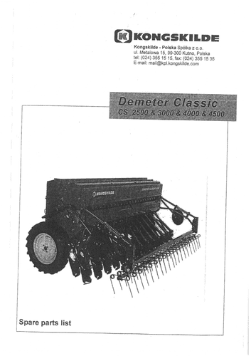 Kongskilde Seed Drill Demeter Classic CSA 3000 4000 4500 Parts Manual