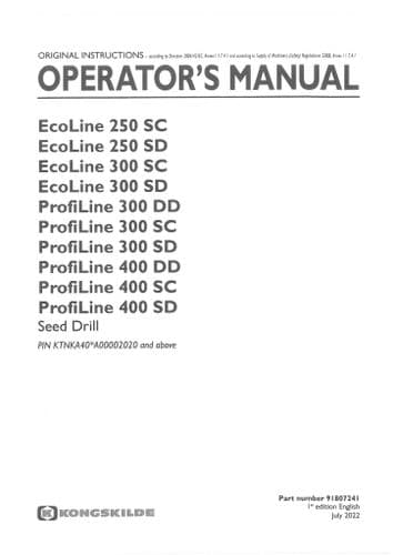 Kongskilde Seed Dripp EcoLine 250SC 300SC 300SD ProfiLine 300DD 300SC 400DD Operators Manual