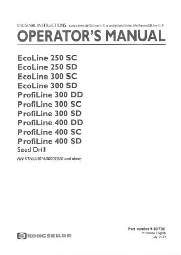 Kongskilde Seed Dripp EcoLine 250SC 300SC 300SD ProfiLine 300DD 300SC 400DD Operators Manual