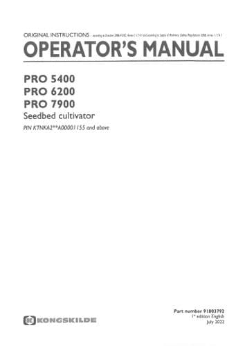 Kongskilde Seedbed Cultivator PRO5400 PRO6200 PRO7900 Operators Manual