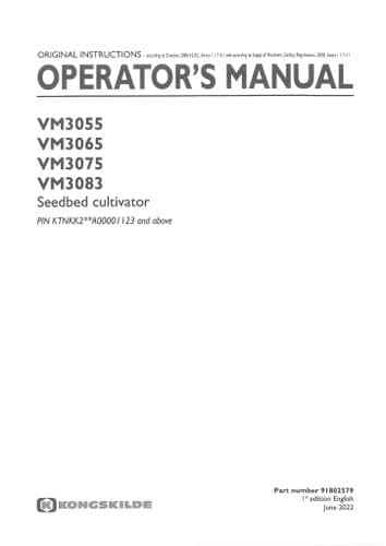 Kongskilde Seedbed Cultivator VM3055 VM3065 VM3075 VM3083 Operators Manual