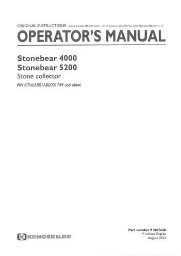 Kongskilde Stone Collector Stonebear 4000 5200 Operators Manual