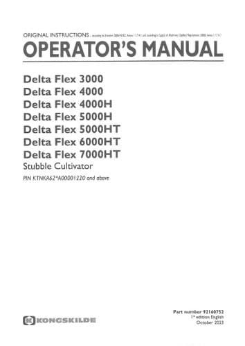 Kongskilde Stubble Cultivator Delta Flex 3000 4000 4000H 5000H 5000HT 6000HT 7000HT Operators Manual