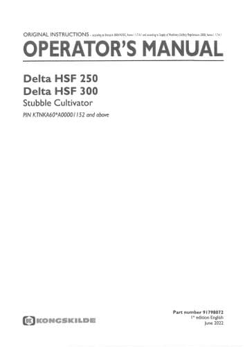 Kongskilde Stubble Cultivator Delta HSF250 HSF300 Operators Manual