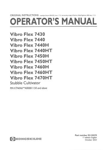 Kongskilde Stubble Cultivator VibroFlex 4730 7440 7440H 7440HT 7540H 7450HT 7460H  Operators Manual