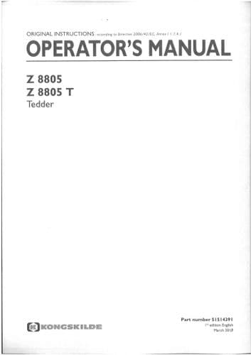 Kongskilde Tedder Z8805 & Z8805 T Operators Manual Z 8805